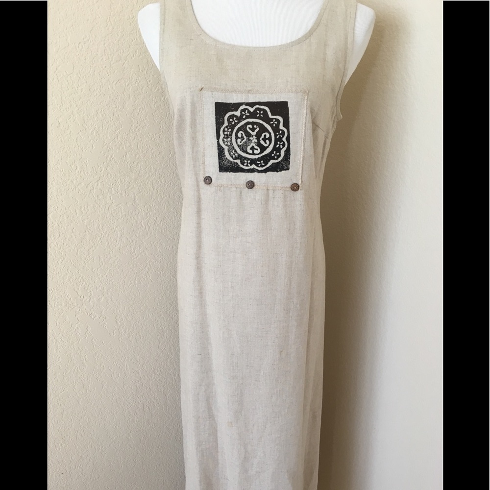 Linen dress  sleeveless loose fit midi dress tan color tie back vintage dress